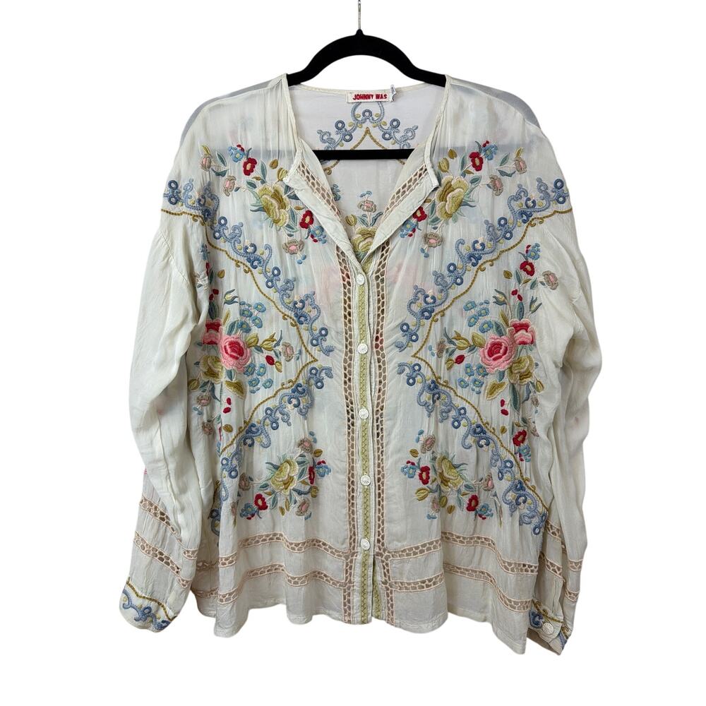 Johnny Was Multicolor Floral Embroidered Button Up Top Size S